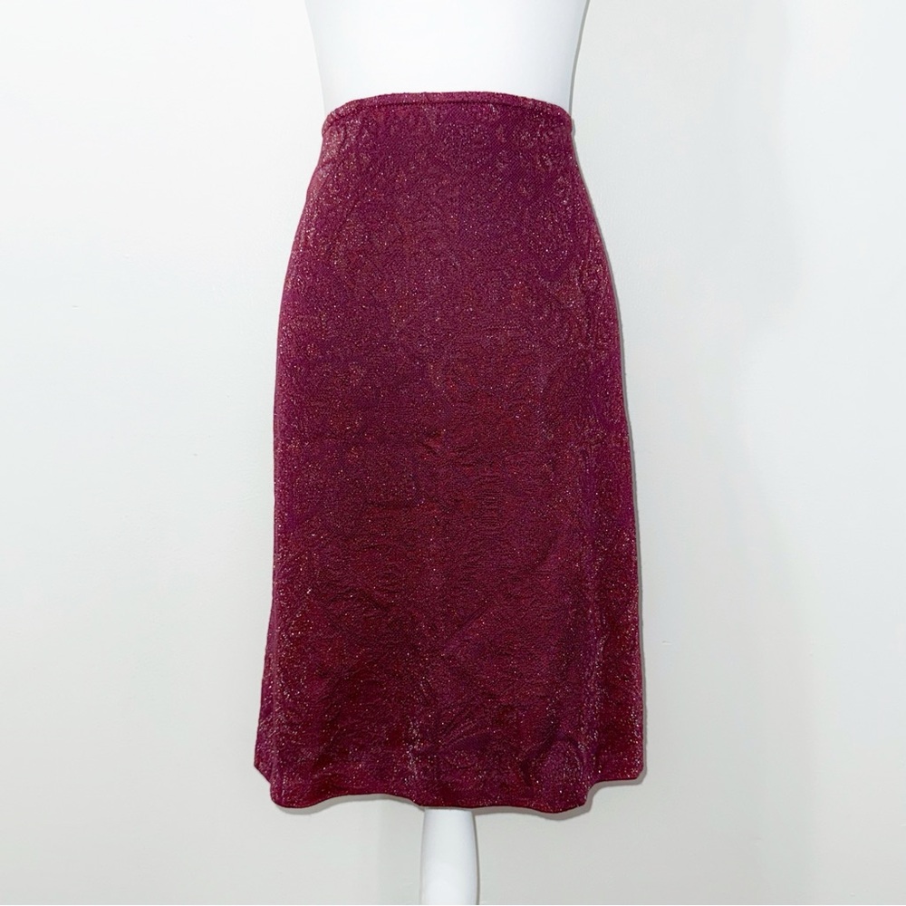 St. John burgundy dark red metallic tinsel jacquard knit pattern pencil skirt